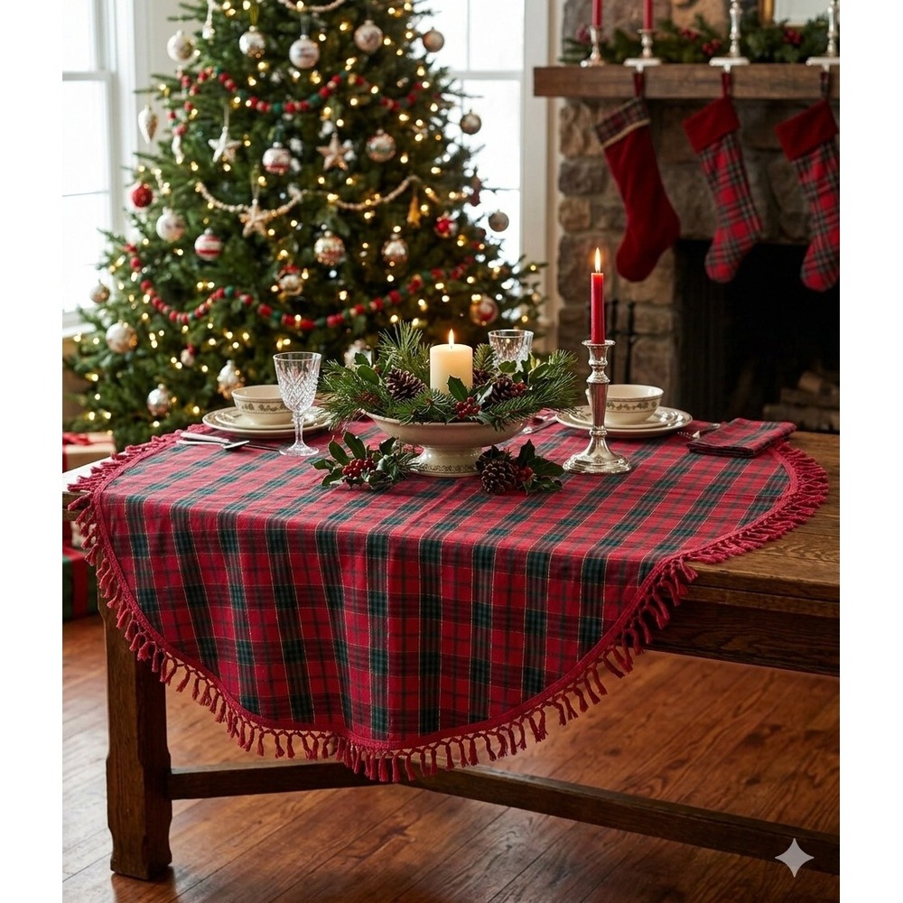 Vintage Kmart Christmas Red Green Gold Tartan Plaid Round Tablecloth Fringe Trim